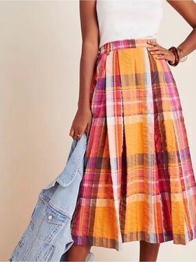 Anthropology Plaid Midi Skirt — Pink & Orange, pockets, cotton